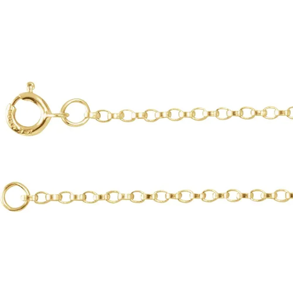 A product image of a gold rolo chain necklace that is 1.1 millimeters thick.