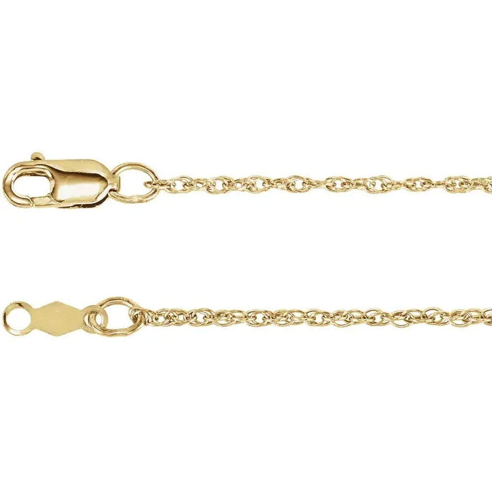 A product image of 1.25mm rope chain in 14k yellow, rose, or white gold.