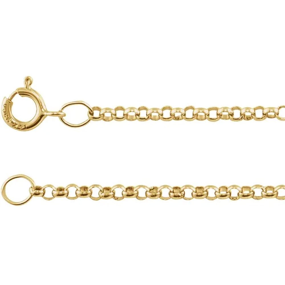 A product image of a 14k gold rolo chain.