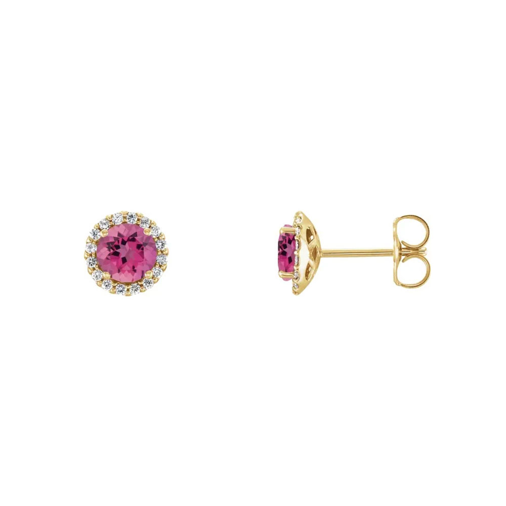 Embrace the vivid allure of 14K gold earrings, featuring pink tourmaline with a sparkling diamond halo.