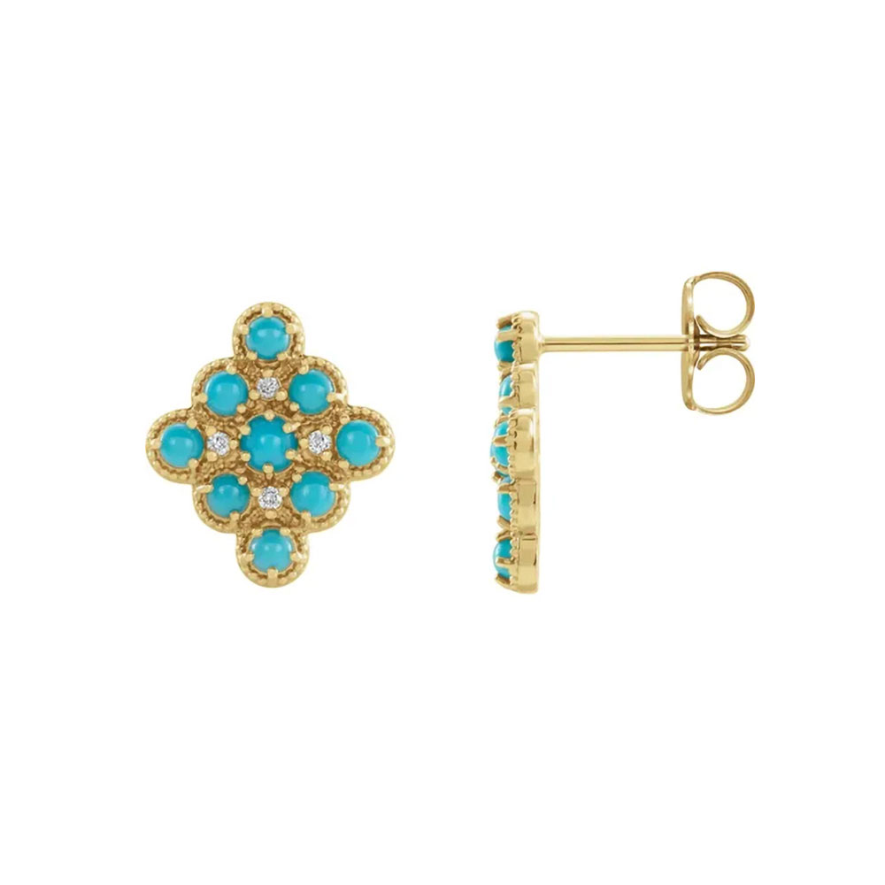 Dazzle with these 14k gold earrings, a cluster of azure turquoise cabochons reflecting the ocean's depths.