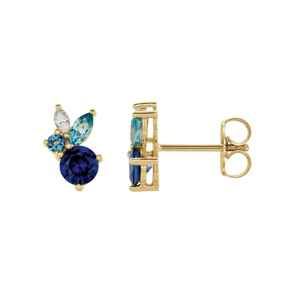 Dive into a spectrum of blue with our 14k gold earrings, featuring a cascade of multi-colored blue gemstones for oceanic elegance.