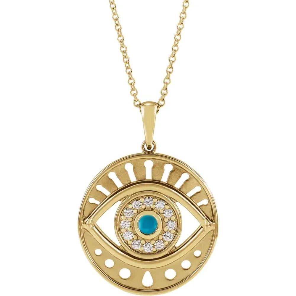 Close-up of a 14k Gold Evil Eye Pendant with a vibrant turquoise center and sparkling diamond outline on a plain background.