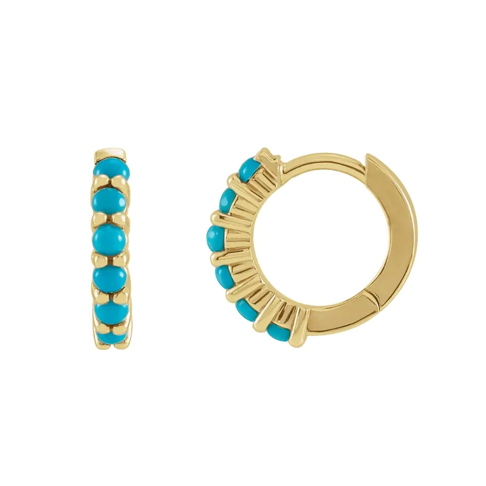 Luxurious 14k gold huggie earrings, adorned with vibrant turquoise for a touch of sophistication.