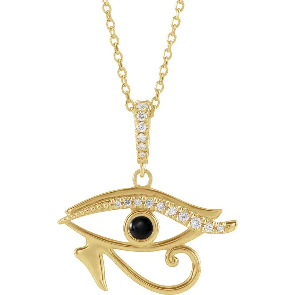 Product view of our 14k Yellow Gold Eye Of Horus Necklace, showcasing the detailed Eye of Horus pendant on a clean background.