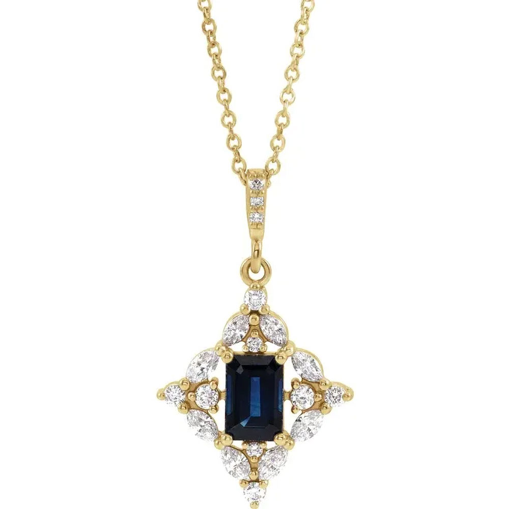 A sophisticated 14k yellow gold Necklace featuring a radiant blue sapphire centerpiece surrounded by twinkling diamonds.