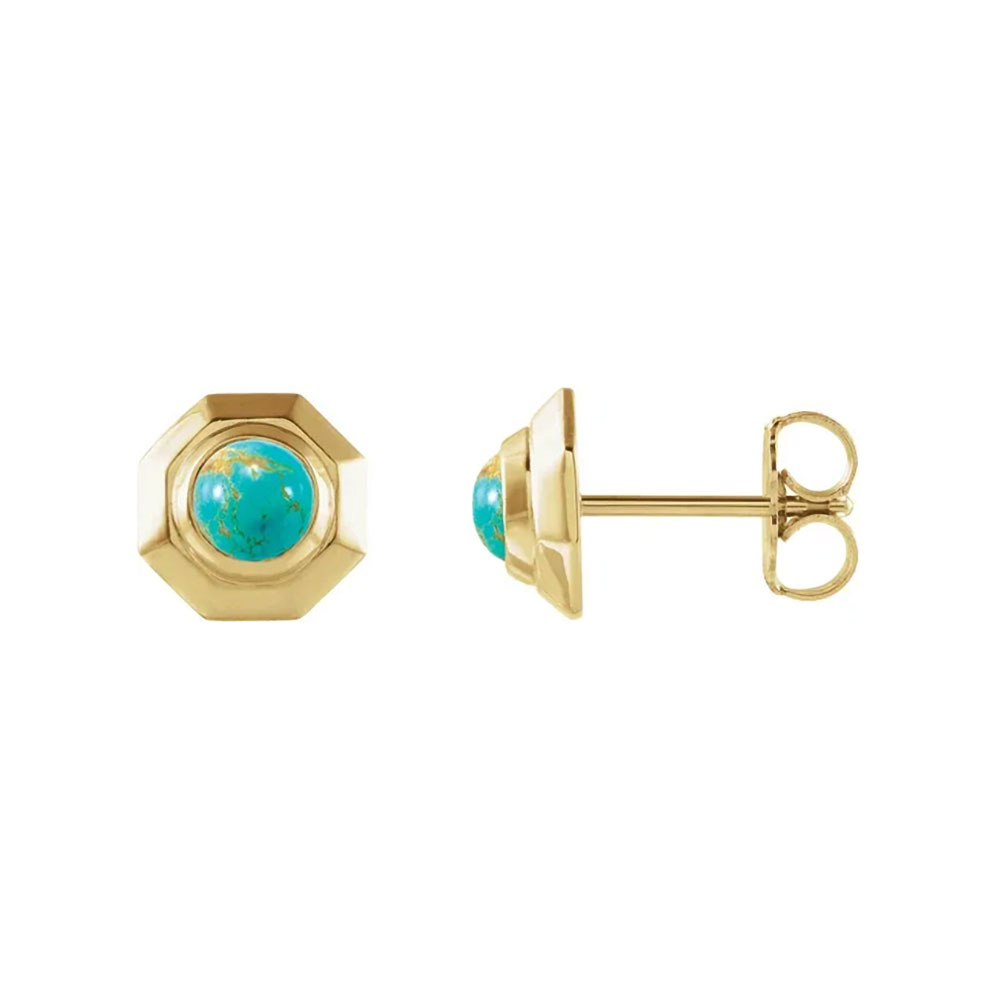 Artisan-crafted 14k gold earrings with turquoise cabochons, a treasure of skilled craftsmanship and natural beauty.