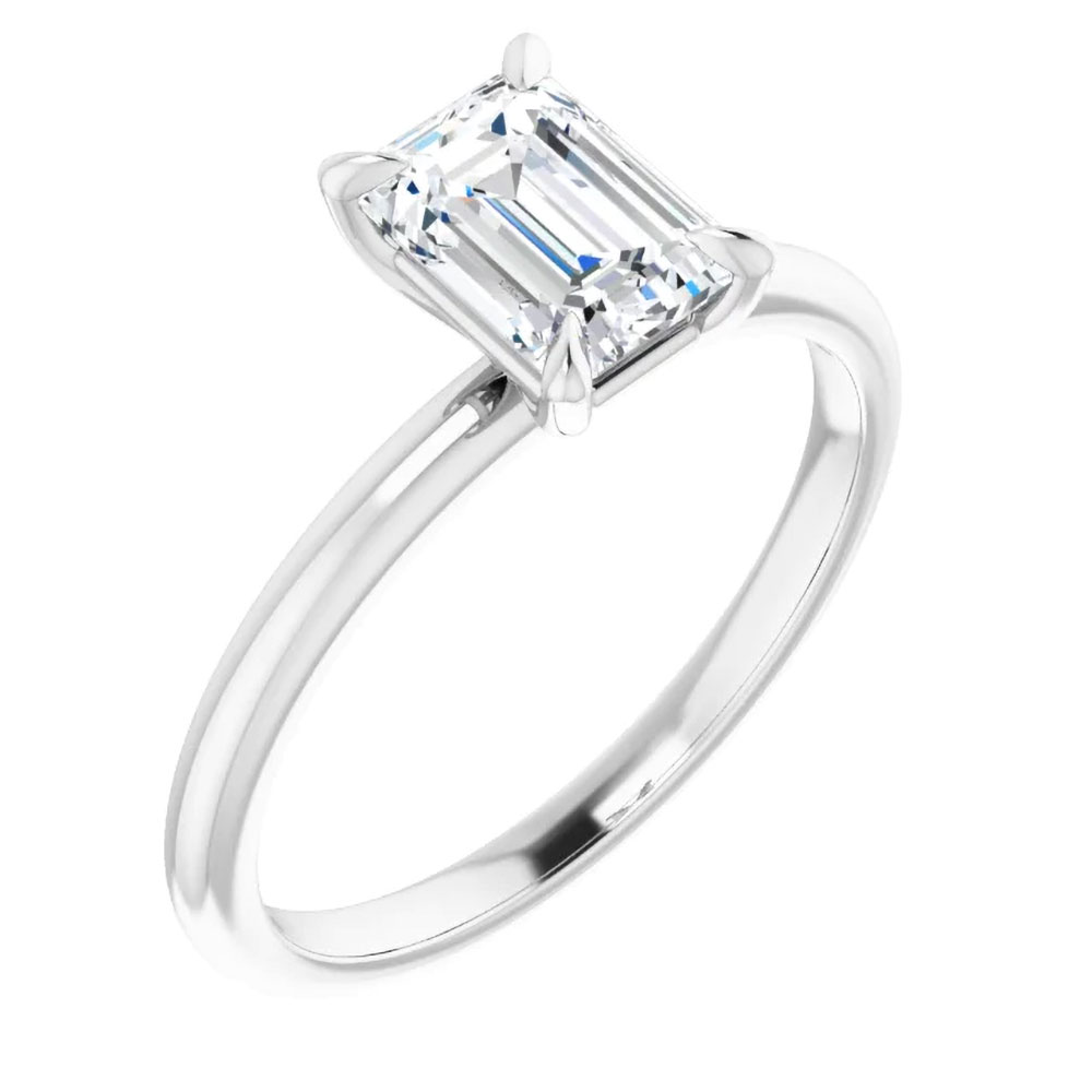 A classic beauty, our 1 carat emerald cut solitaire ring is a testament to love's enduring simplicity.