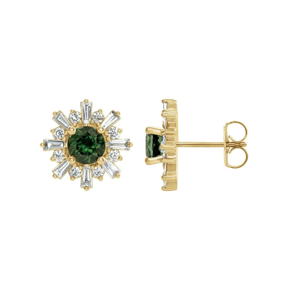 Elegant 14K gold stud earrings, showcasing the natural allure of tourmaline paired with the sparkle of diamonds.