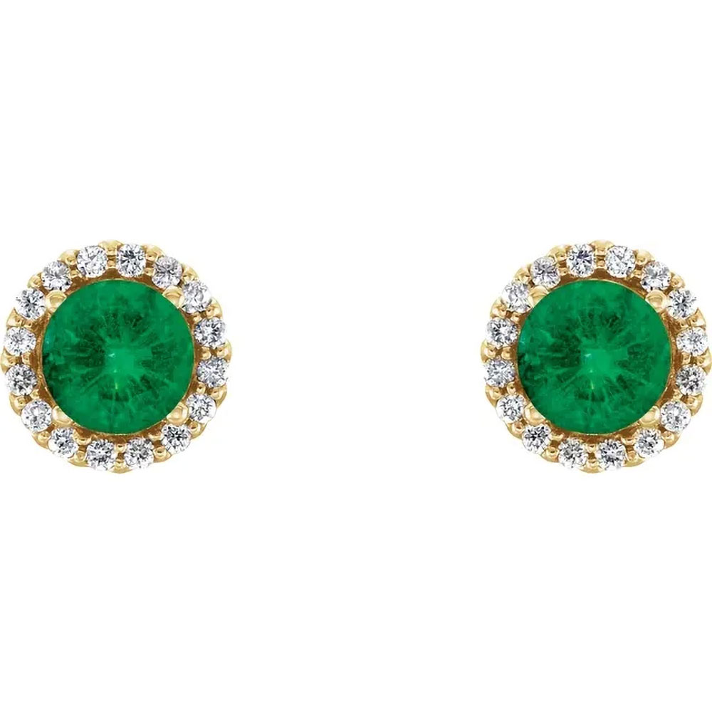 Elegant 14K gold earrings featuring the deep allure of emeralds encircled by dazzling diamond halos.