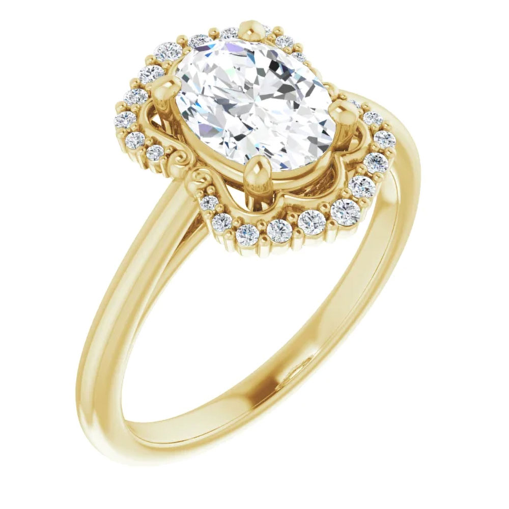 A 1 carat oval diamond ring, encased in a halo, sparkles with the promise of a shared future.