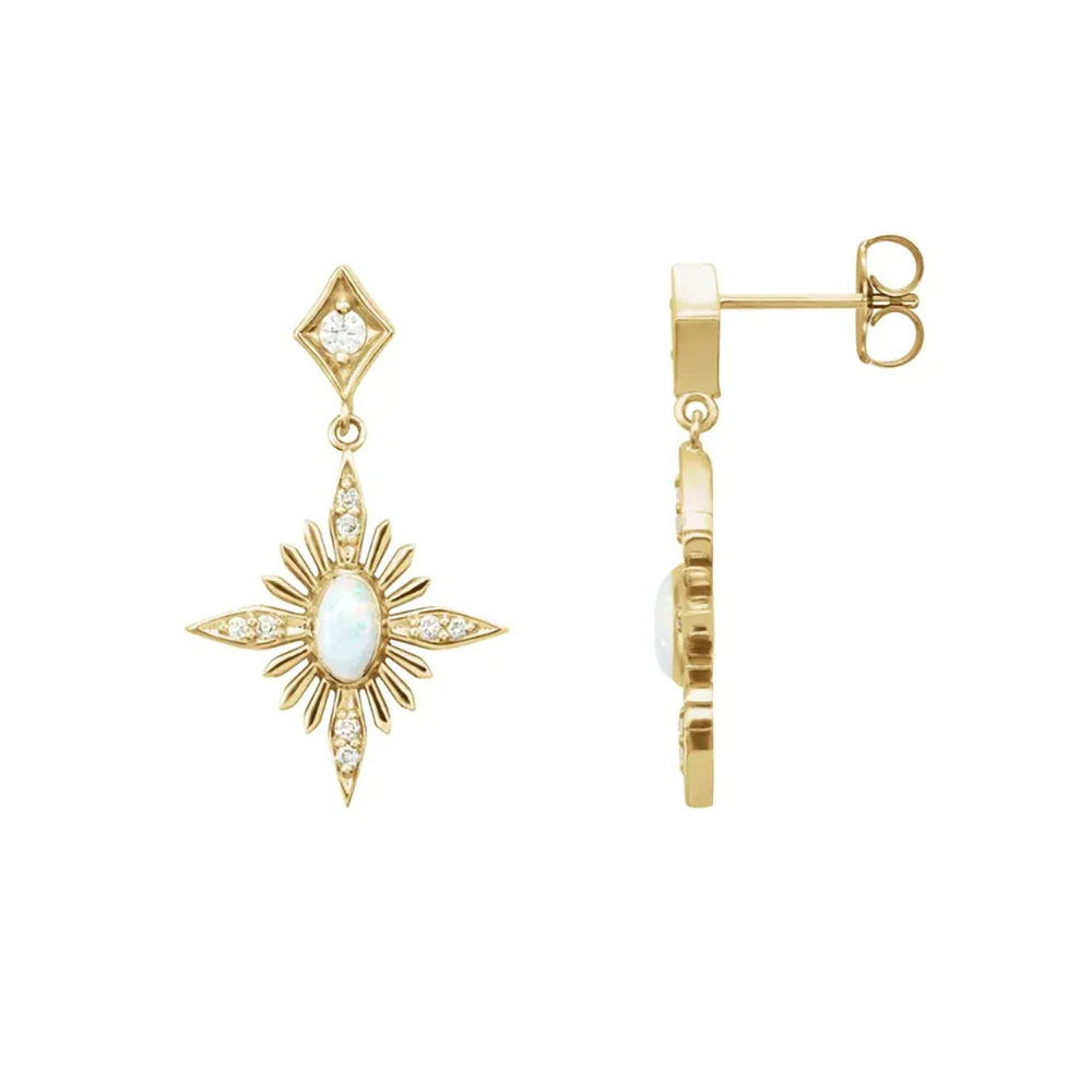 14K gold earrings featuring iridescent opals, each framed by diamonds, for a touch of celestial wonder.