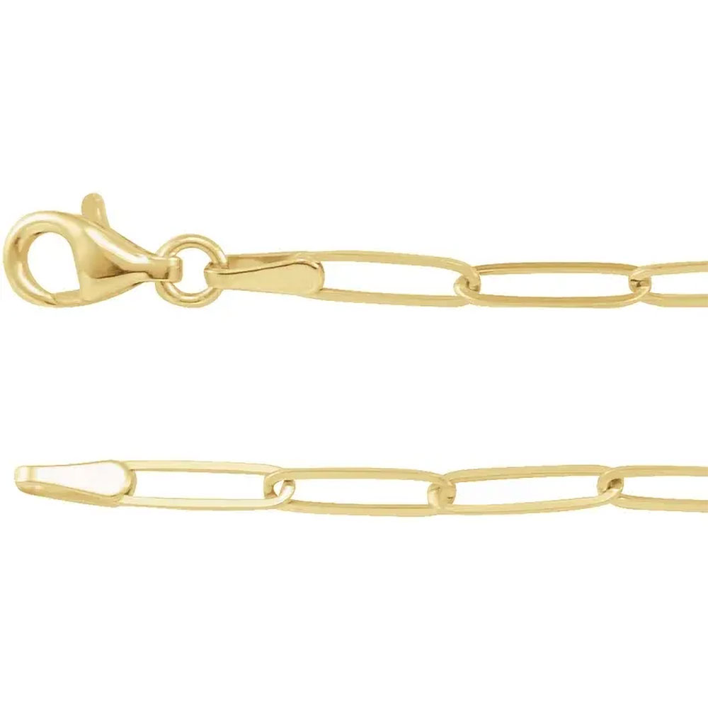 A product image of a paperclip necklace in 14k yellow gold.