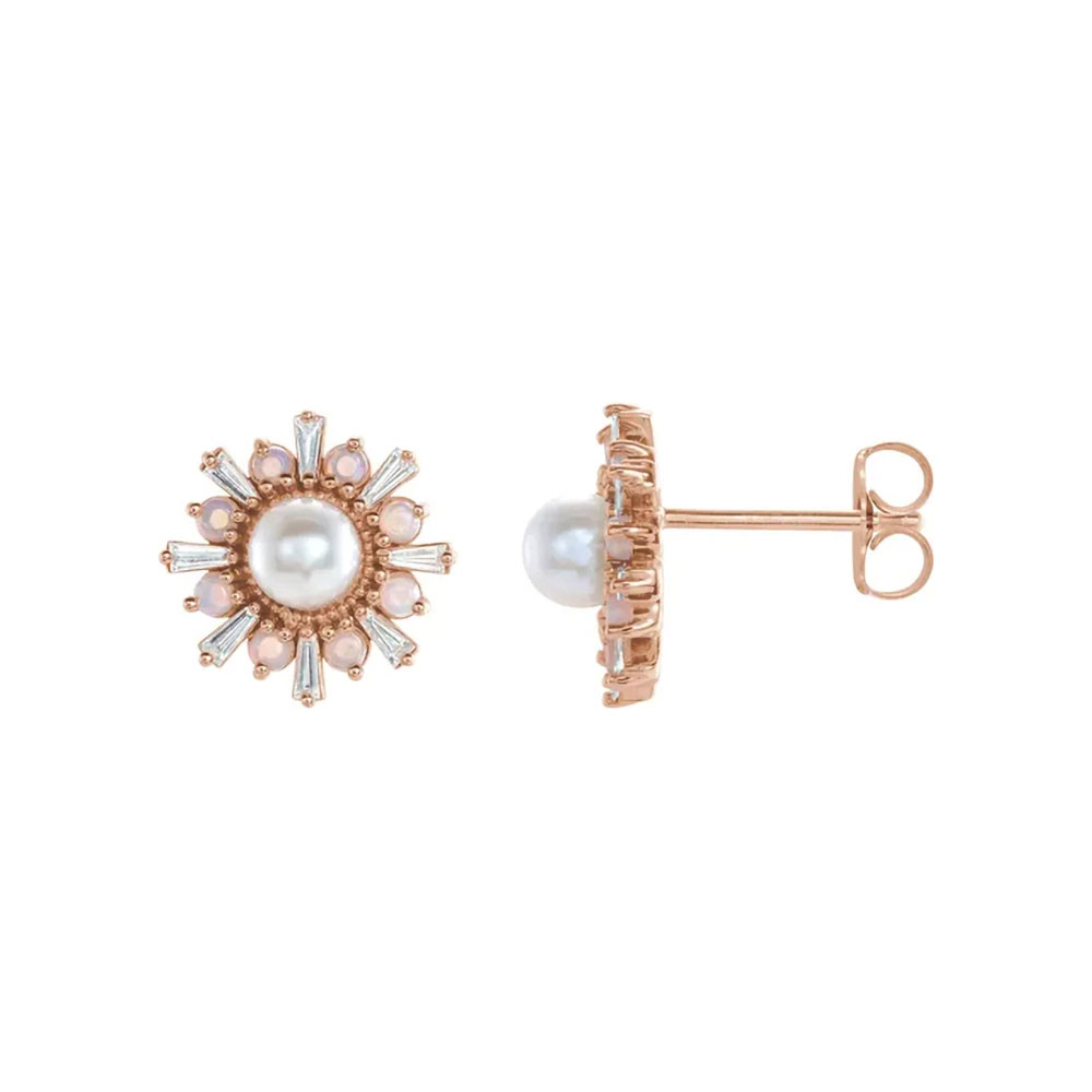 Regal Akoya pearl earrings in 14k gold, each enhanced by the luster of opals and the clarity of diamonds.