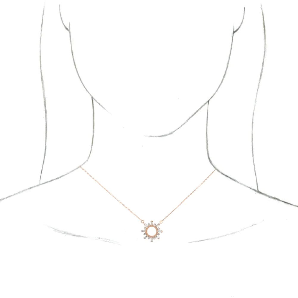 Model displaying the 14k Rose Gold Diamond Circle Necklace, illustrating the elegant drape and fit on the neckline.