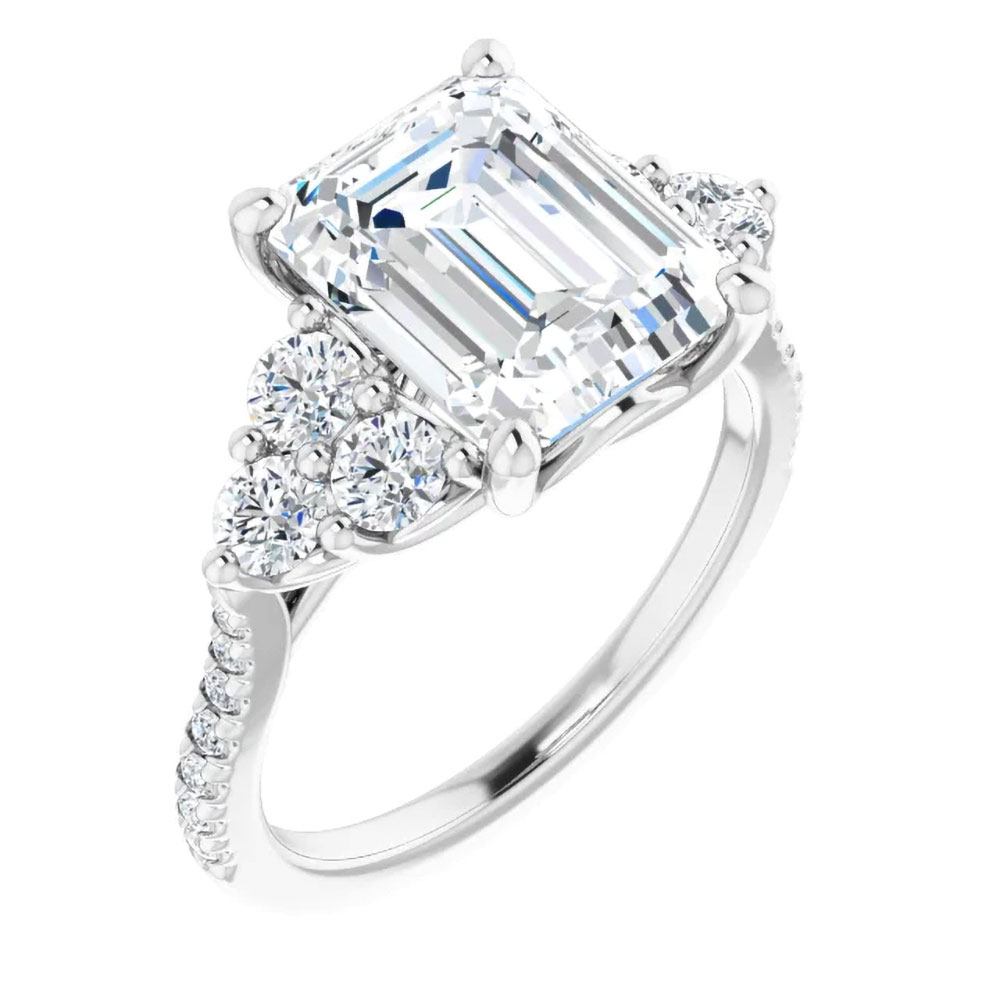 A vision of radiance, this moissanite engagement ring with its radiant cut reflects a bright, shared future.